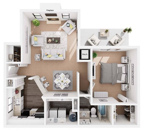 a 3d drawing of the 1 bedroom floor plan of a house